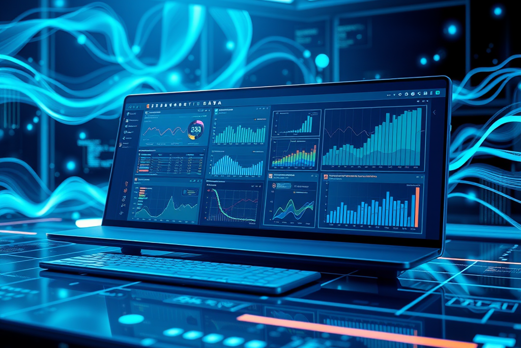 A laptop displaying various data visualizations and analytical charts on a blue-themed interface, surrounded by abstract data flow graphics.
